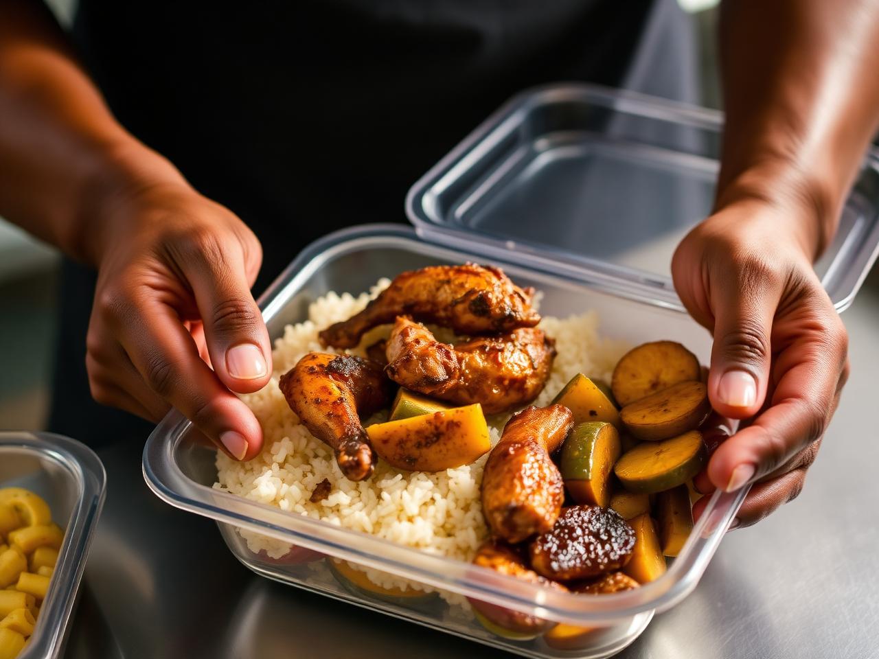 Hands plating jerk chicken with rice and plantains