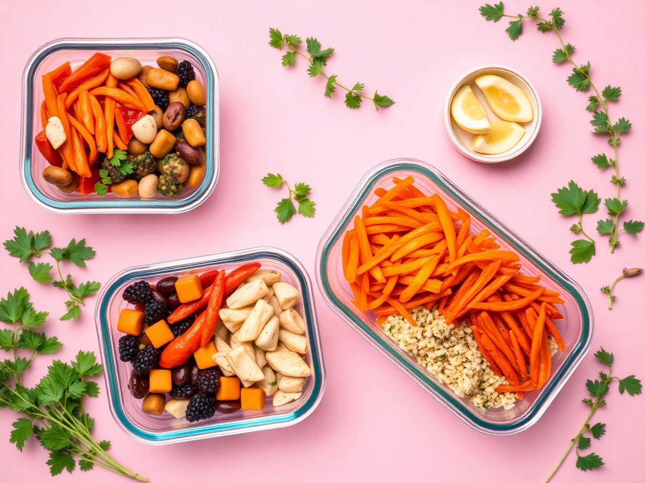 Flat lay of colorful meal prep containers on pink background